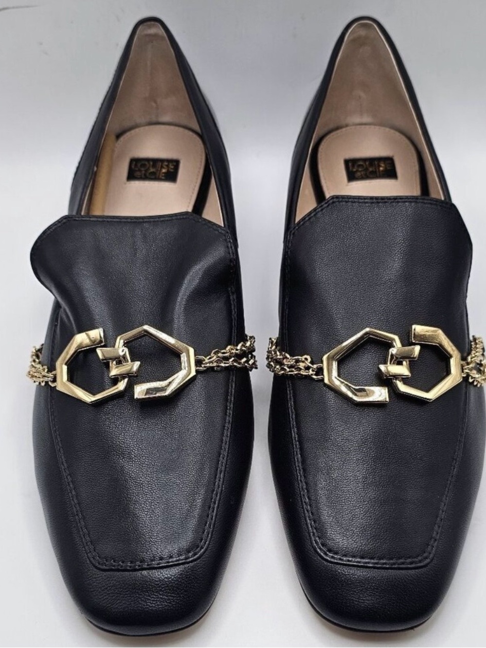Louise et Cie Everland Loafer Black Gold Chain Square Toe Size 11M.